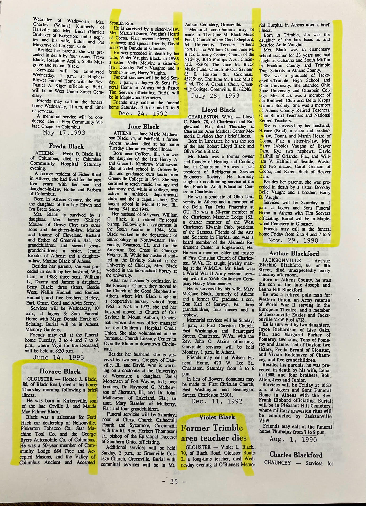 Black Family Obituaries